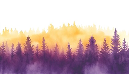 A watercolor-style forest landscape illustration with pine trees in purple shadows, gradient orange and pink sky in the background