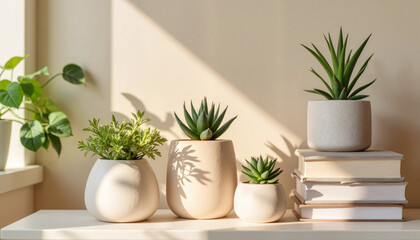 Modern succulent arrangement on minimalist shelf, cozy indoor decor
