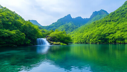 Serene mountain lake with waterfall Lush greenery surrounds tranquil water