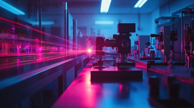 A high-tech physics lab where lasers and mirrors are used to demonstrate light refraction and diffraction patterns