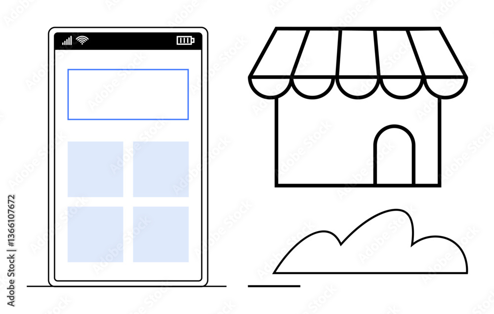 Poster smartphone screen with app layout beside simple storefront and shrub. ideal for ecommerce, small bus