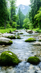 Serene mountain stream flowing through lush green forest