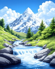 Serene mountain stream flowing through lush green valley, snow-capped peak backdrop