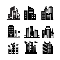 set of city buildings, Urban silhouette, vector illustration.
