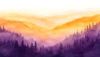 A watercolor-style forest landscape illustration with pine trees in purple shadows, gradient orange and pink sky in the background