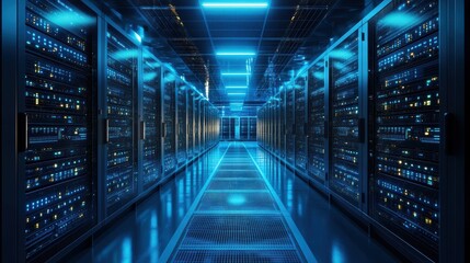 A data center filled with servers and networking equipment, with cables, computers, and digital screens showing real-time data monitoring