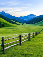 Serene mountain valley with green field and wooden fence
