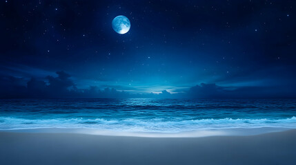 Serene night scene Full moon over tranquil ocean, softly lapping waves on sandy beach under starry sky