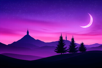 Serene nightscape crescent moon, purple sky, silhouetted mountains, and evergreens