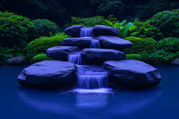Serene nighttime scene of tiered stone waterfall cascading into a tranquil pond, nestled within lush greenery