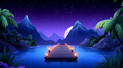 Serene night scene moonlit lake, wooden dock, tropical mountains, and palm trees