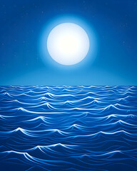 Serene ocean waves under a bright full moon at night