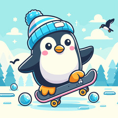 A penguin wearing a hat and a blue and white beanie skateboarding