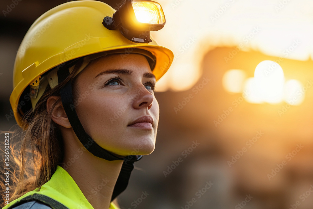 Poster construction worker portrait during sunset in a busy site generative ai