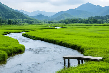 Serene river flows through lush green valley beneath mountains