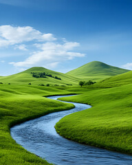 Serene river meandering through lush green hills under a bright blue sky