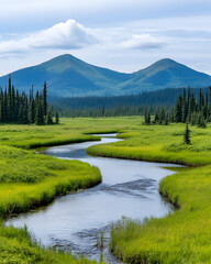 Serene river meandering through lush green valley, mountains in background