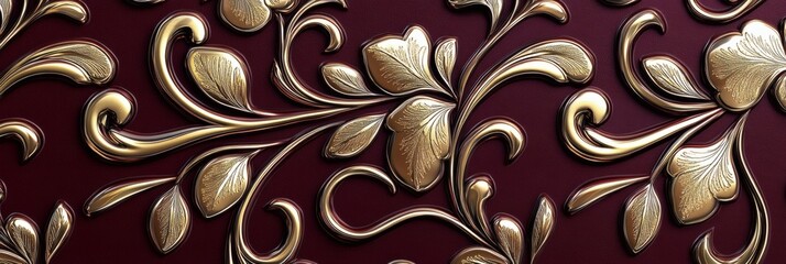 Elegant gold leaf floral ornament on a textured maroon background pattern