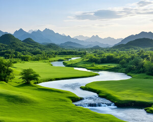 Serene river meandering through lush green valley, nestled amidst majestic mountains under a tranquil sky