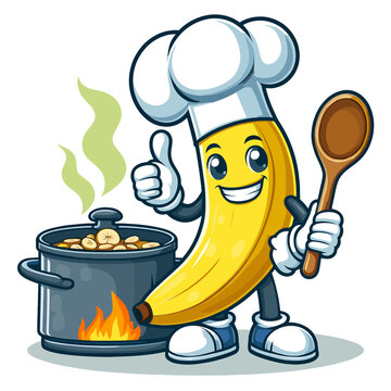 A cartoon chef is cooking a pot of food with a banana and a wooden spoon