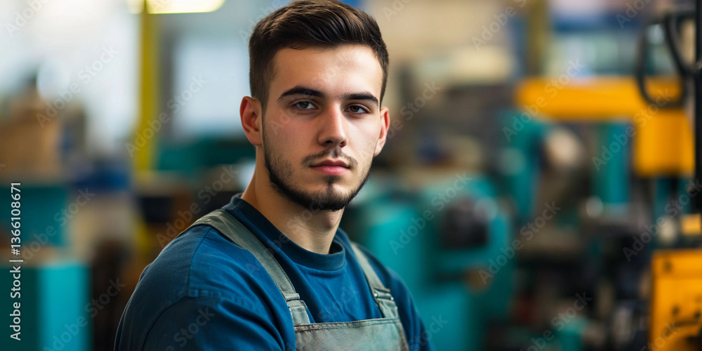 Aufkleber portrait of a young factory worker in industrial setting generative ai