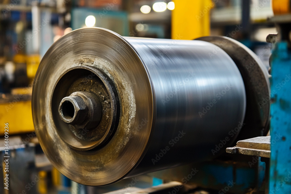 Poster close-up of large metal industrial roller in manufacturing setting generative ai
