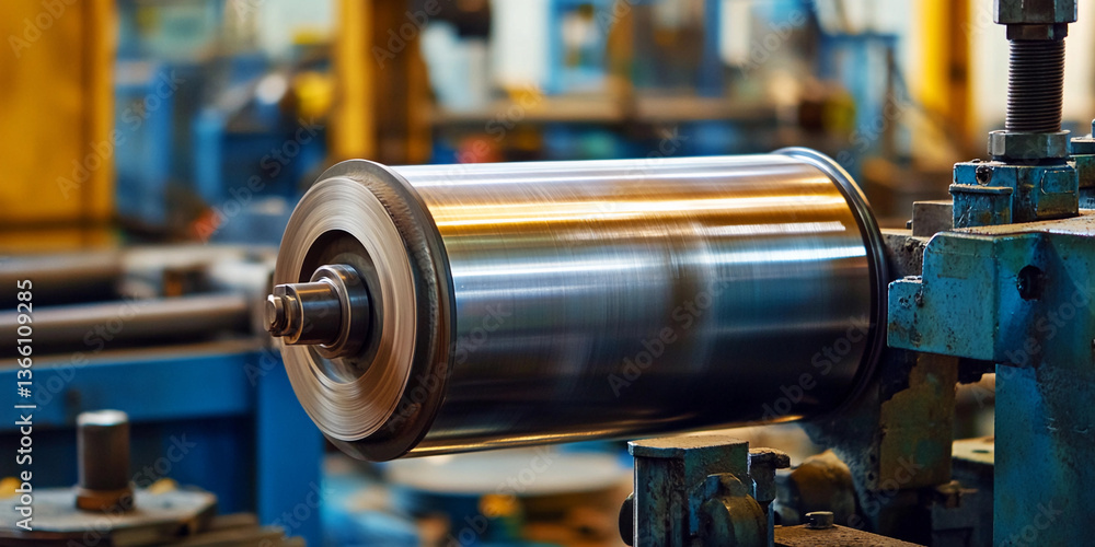 Poster close-up view of a large metal industrial roller in action generative ai