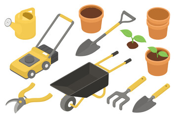 Isometric Garden Tools and Equipment Set Vector Illustration