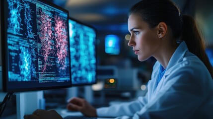 A biologist using a simulation program to model cellular processes and interactions in a virtual environment, with biological data on the screen