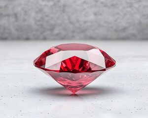 Red gemstone gleams on a neutral surface Sparkling and beautifully faceted gem