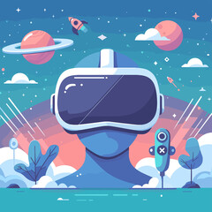 Naklejka premium A blue head with a virtual reality headset on it is surrounded by a space scene
