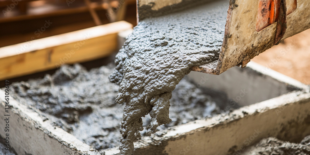 Poster close-up of wet concrete pouring into a construction site generative ai