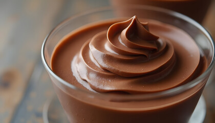 An ultra-close-up of a decadent, smooth chocolate mousse, showcasing its rich, velvety texture. 