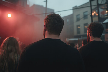 Two men stand in front of a crowd, one of them wearing a black shirt