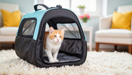 Curious cat exploring a cozy pet carrier indoors, comfort and safety