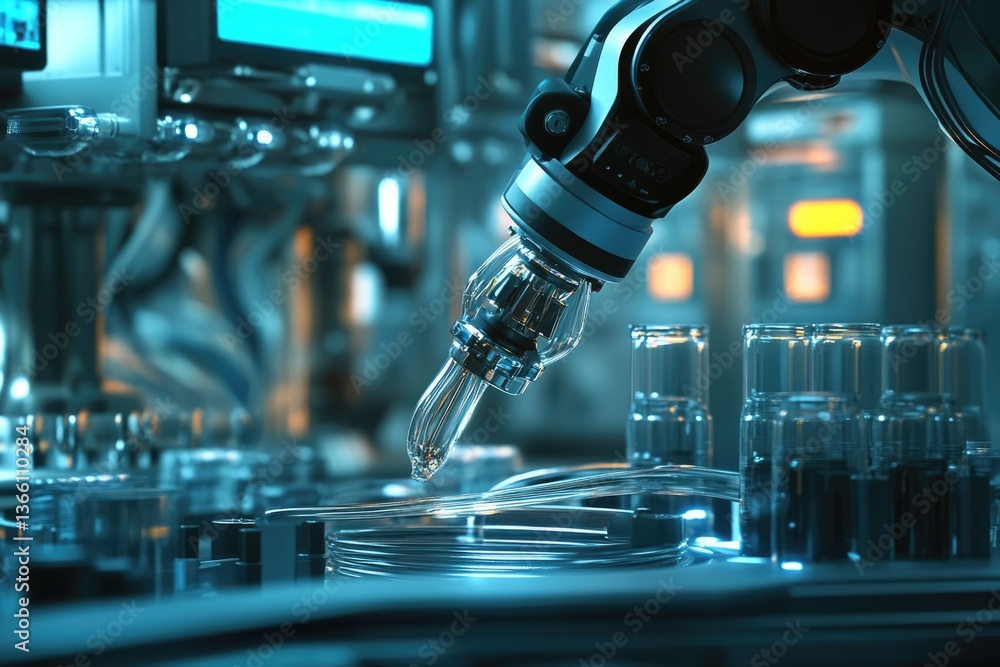 Aufkleber a robotic arm precisely dispenses liquid into containers in a futuristic automated lab setting.