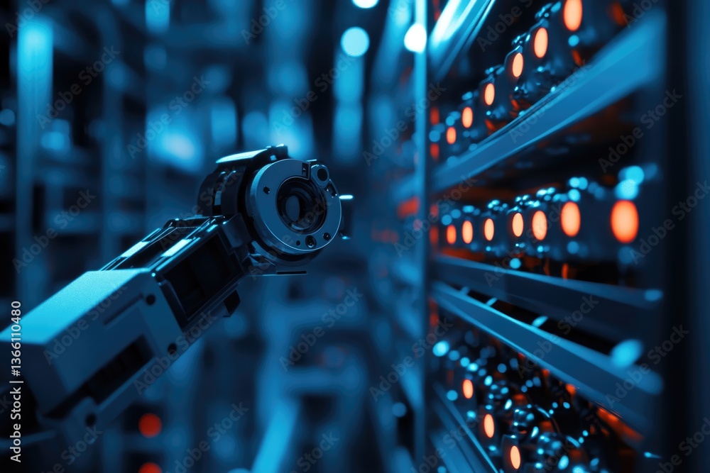 Aufkleber robotic arm interacting with a server rack in a futuristic data center.