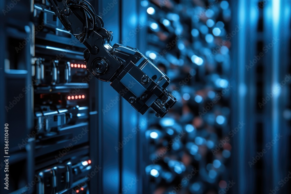 Aufkleber robotic arm interacting with server rack in a data center, showcasing automation and technology.