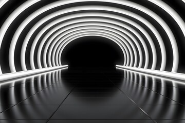 Illuminated Tunnel with Futuristic Black Tiles and Bright White Lights