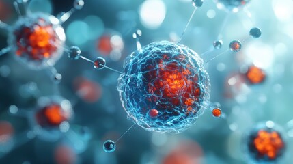 A close-up of nanotechnology applications in medicine, showing nanoscale particles interacting with cells or targeting cancerous cells