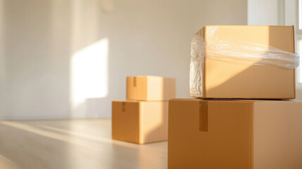 Cardboard boxes in sunlit room, wrapped in plastic, suggest moving day