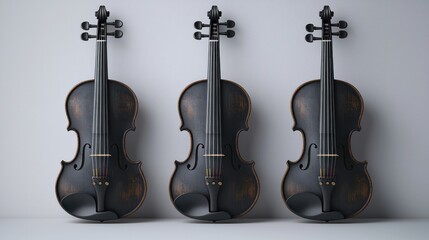 Naklejka premium Three black violins against a white wall; music, instruments, studio