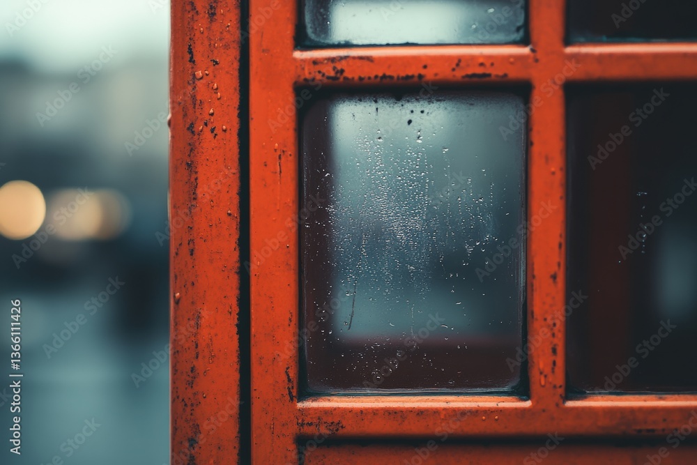 Poster classic red phone booth illuminated by gentle natural light in a quaint urban setting generative ai