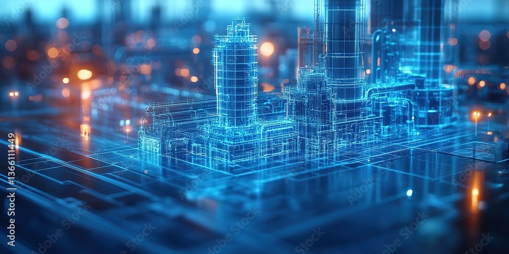 Poster digital rendering of an industrial complex showing interconnected systems and structures in a high-t