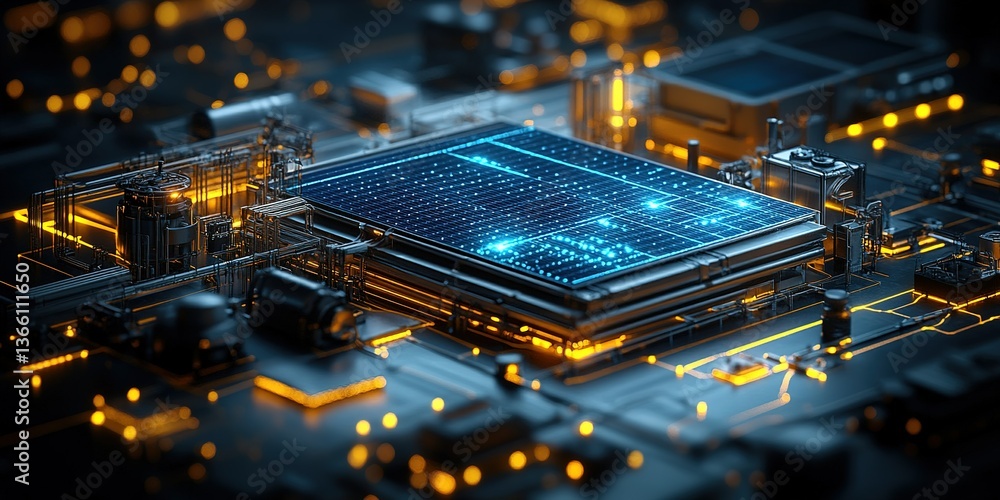 Poster innovative technology showcasing a futuristic circuit board with glowing components in a high-tech e