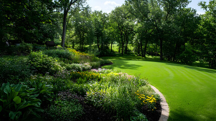 Naklejka premium Lush Green Garden With Flowerbeds And Mowed Lawn Under Bright Sunlight During Day Time