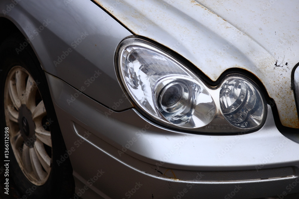 Poster A white car with a rusted headlight, suitable for use in scenarios where mechanical failure is a key theme.
