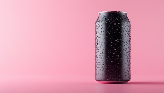 Shiny Black Aluminum Beer Can Glistening In Water On Pink Background, Refreshing Drink Container For A Hot Summer Day.