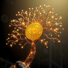A golden Bitcoin coin growing on a futuristic digital tree, with the branches extending upward into a rising stock market graph.