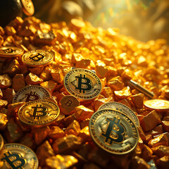 A digital goldmine filled with glowing Bitcoin coins instead of gold nuggets. The coins are piled high, with Bitcoin price graphs subtly rising in the background.